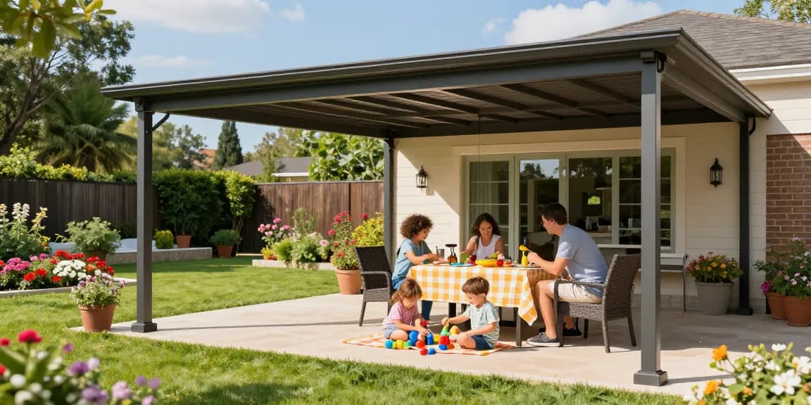 Freistehende Terrassenüberdachung mit Familie im Garten, Spielzeug und Picknick.
